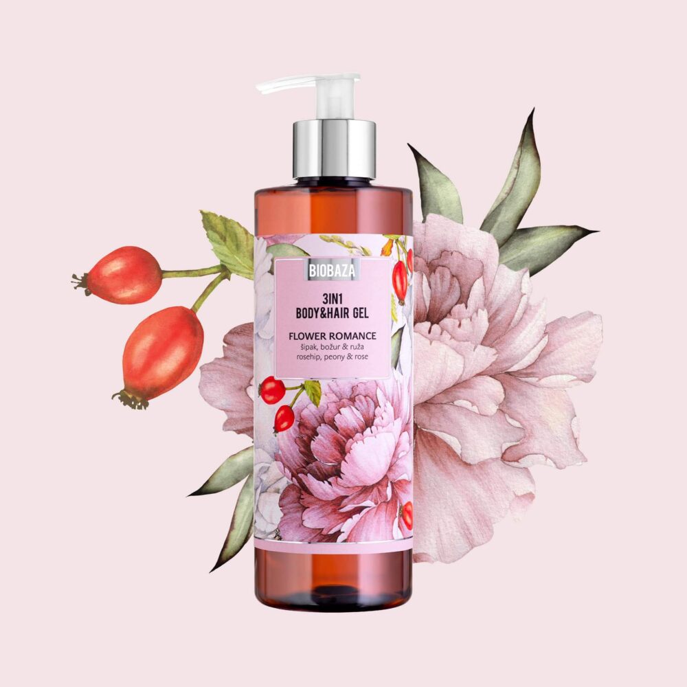 Gel de duș Flower Romance cu trandafir, bujor și măceșe BIOBAZA - imagine 2